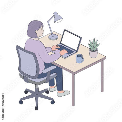 A woman works on her laptop at a desk with a lamp and plant nearby indoors.