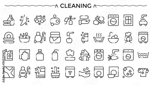 Cleaning Service Icons Set, Household Chore and Laundry Outline Symbols on White