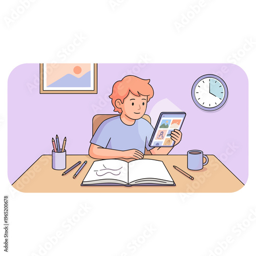 A boy studies at his desk with a tablet and book indoors.
