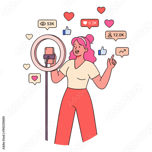 A woman records a video on her phone held by a ring light, surrounded by social media icons, conveying online popularity and engagement.