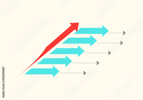 A single red arrow standing out from multiple blue arrows to signify leadership and success now.