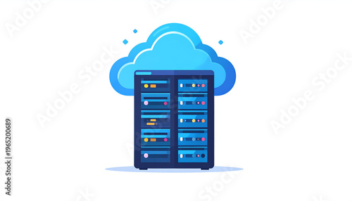 Cloud hosting data server in cartoon style technology infrastructure system