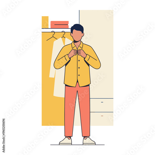 Man getting dressed in bedroom with wardrobe and clothes