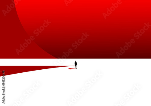 A small silhouetted figure stands alone in a vast minimalist landscape of white and deep red