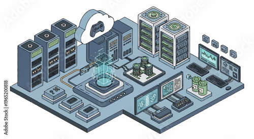 Isometric illustration of a modern data center with servers and computer equipment.