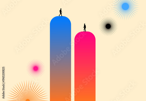 Two silhouettes of people standing on top of tall colorful bars representing business growth