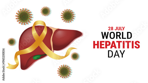 A symbolic illustration for world hepatitis day featuring a human liver and a yellow awareness ribbon.