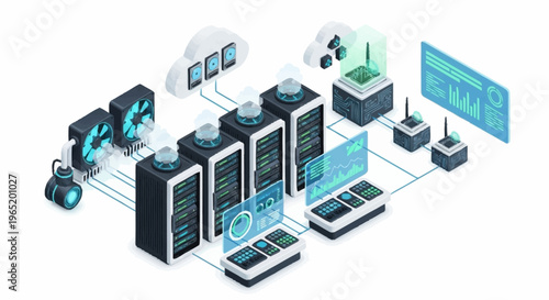 Servers and devices connected to network.