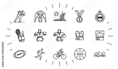 Sports outline icon set with tennis boxing wrestling and fitness activity symbols for web UI