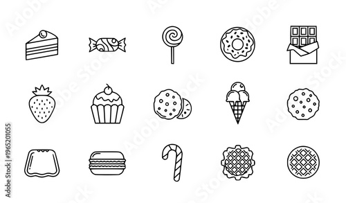 Modern sweet food linear icon pack with cake candy donut strawberry and dessert elements for UI design