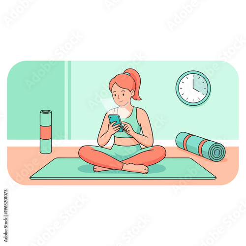 Woman practices yoga on a mat at home while looking at her phone.