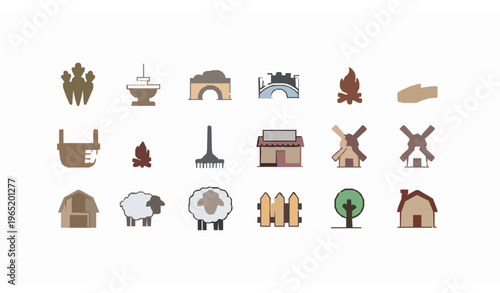 Modern village line icon collection with rural farm tools animals and countryside elements