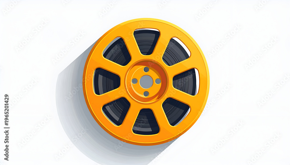Fototapeta premium Golden film reel illustration with dramatic shadow on white background for cinematic design