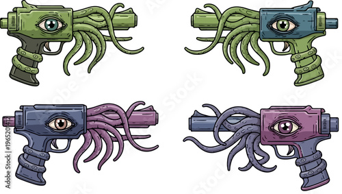 Cthulhu monster guns vector set, eldritch horror pistol collection with tentacles and eyes, creepy organic alien weapon illustrations for game design