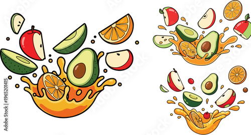 Fresh fruit juice splash vector set, falling avocado and apple slices with orange liquid explosion, healthy smoothie ingredients on white background