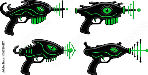 Alien ray gun vector set, futuristic sci-fi laser blasters with glowing green eyes, organic bio-mechanical space weapons, 4 extraterrestrial pistol icons
