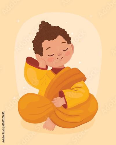 Cute character, little boy Buddhist monk in yellow clothes. Thoughtful smiling Buddha. Happy Vesak day.