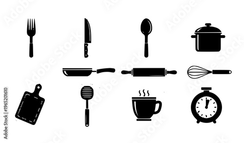 Kitchen Pictogram Icons Black Cooking Tools Vector Symbols Gray Background