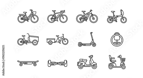  minimalist electric transportation icons,The icons include: (Row 1) Electric city bike, electric road bike, electric mountain bike, electric folding bike. (Row 2) Electric cargo trike, electric bike 