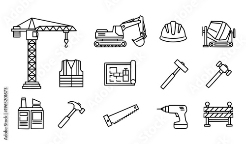 Black Construction Icons Set Vector Building and Industrial Tools Illustration