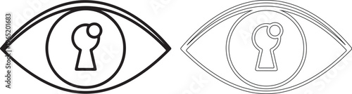 Black and white illustration of eye with keyhole and dotted version