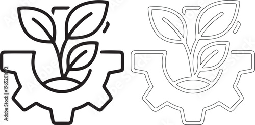 Gear with plant growing out of it and dotted version