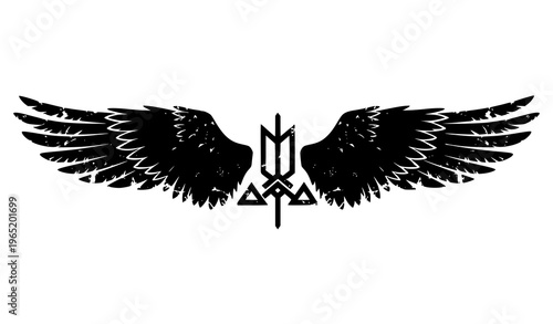 Black Grunge Viking Wings Silhouette with Norse Symbol Vector Isolated Illustration