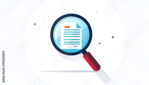 Magnifying glass examines document with lines and header on white background