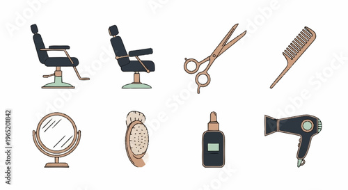 Barber shop tools and furniture icons.