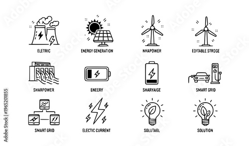 Modern Energy Technology Icons Renewable Power System Vector Set