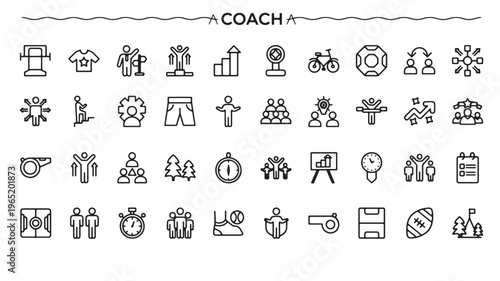 Coach Icons Set, Black Outline Leadership, Mentoring, Sports Training and Business Growth Symbols vectors