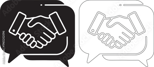 Black and white line art of two hands shaking in speech bubbles