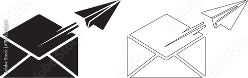 Black and white illustrations of paper airplanes flying into envelopes