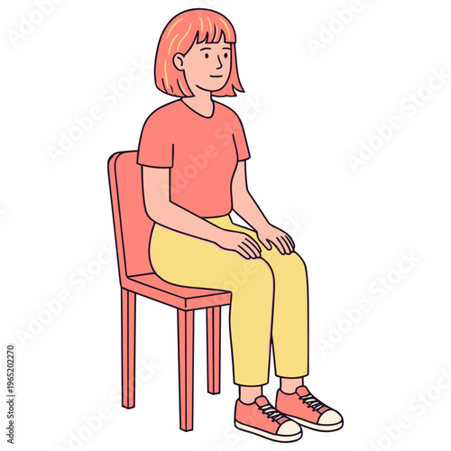 A girl sits on a chair wearing casual clothes and shoes.