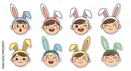 Set of adorable cartoon children wearing different colored Easter bunny ears, showcasing a variety of happy expressions, perfect for festive spring and holiday designs