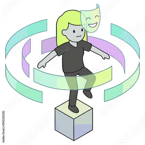 A cartoon girl balances on a cube surrounded by colorful ribbons and a comedy mask.