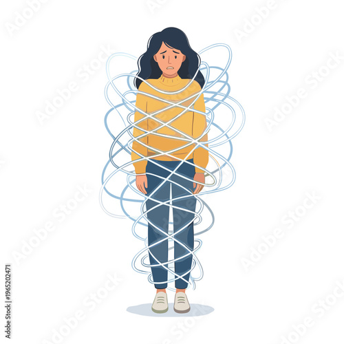 A woman struggles with rope wrapped around her body in an indoor setting.