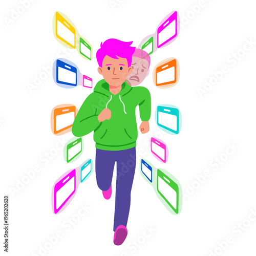 A person runs quickly through numerous colorful rectangles in an urban setting.