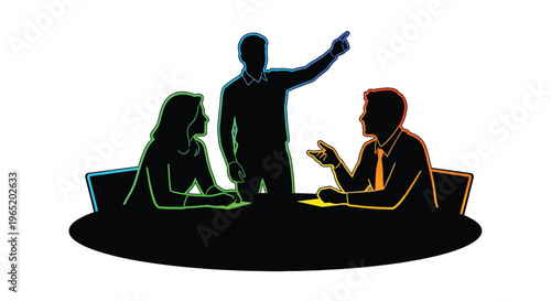 Silhouette of a business leader pointing towards a future goal while two associates actively listen during an important strategic meeting or presentation setting.
