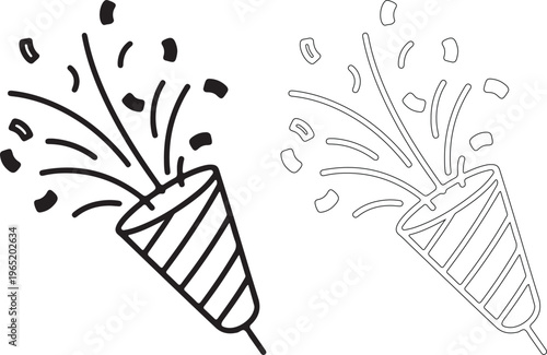Black and white illustration of two party poppers exploding