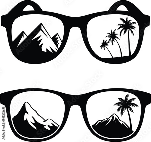 Sunglasses silhouettes with landscape reflections, mountains and palm trees summer travel vector illustration set design