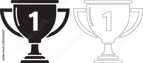 Black and white line art of two trophy cups with number one on them
