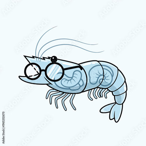 A cartoon shrimp, with glasses, and a brain-like form inside its transparent body, is illustrated against a light blue backdrop