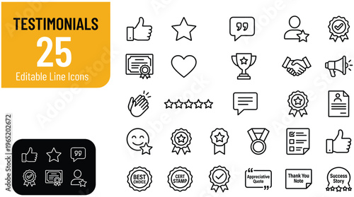 Set of 25 editable testimonial icons on white background for reviews and ratings