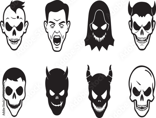 Collection of 8 black silhouette spooky face icons on transparent background