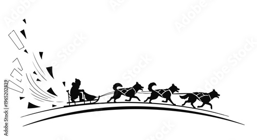 Dog sled team races across a snowy landscape, driven by a mushing person.