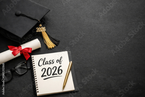 Flat lay of graduation elements and notebook with Class of 2026 text. Education success and future career background.