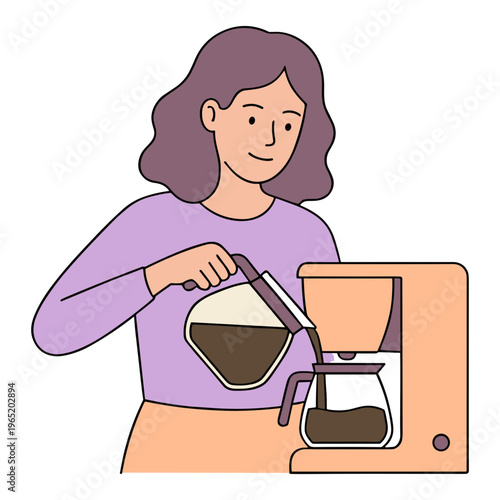 Woman pouring freshly brewed coffee from a filter into a pot from a coffee maker