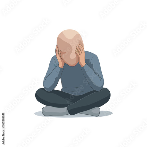 Person sitting cross-legged covering face with hands expressing sadness