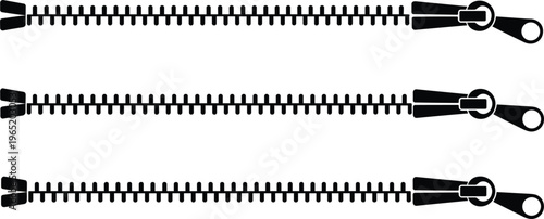 Zipper icons set, clothing fastener elements open and closed zip details black vector illustration design